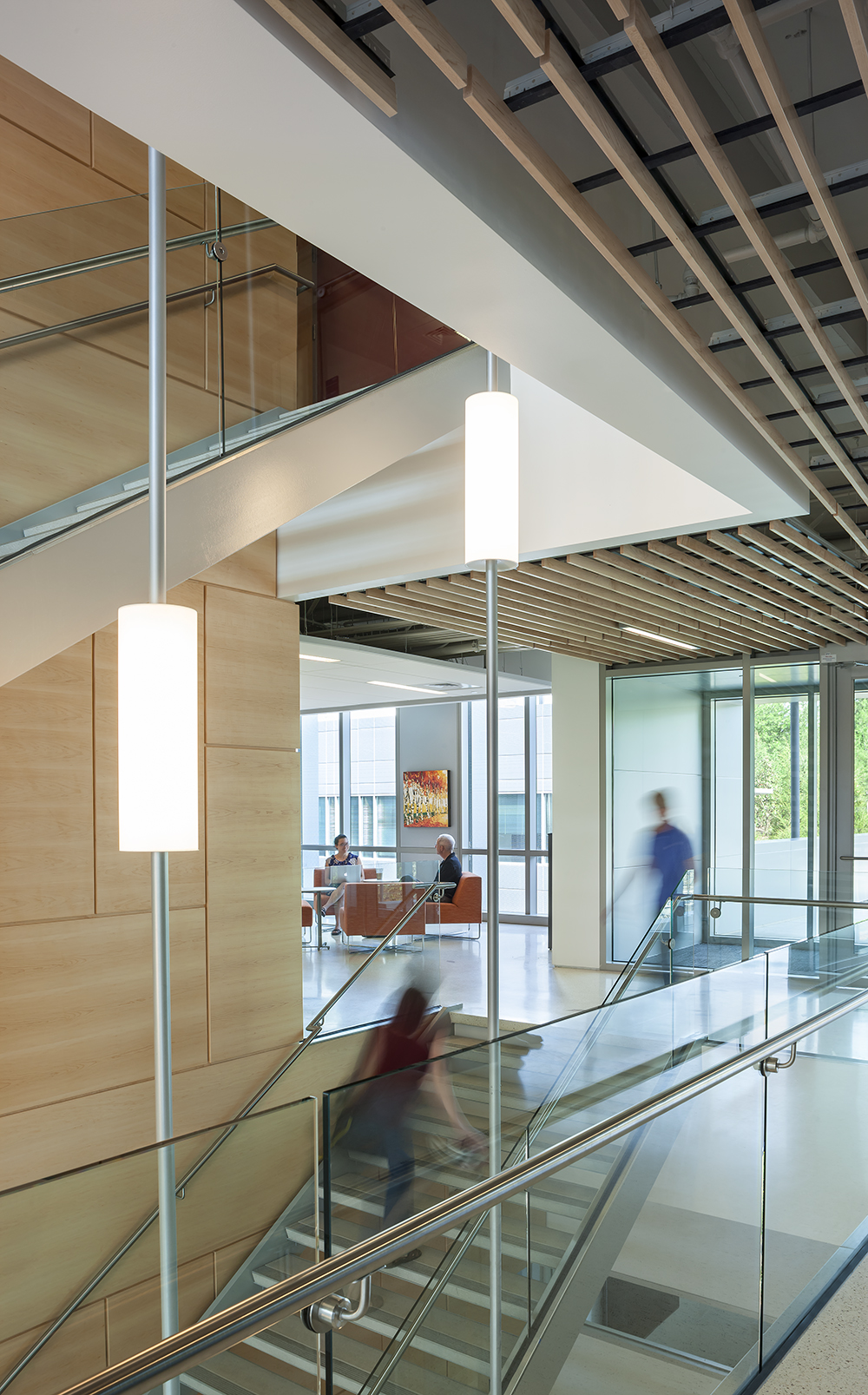 Sequence pendants enhance educational interior design in a tandem-mount configuration for a modern campus building stairwell.