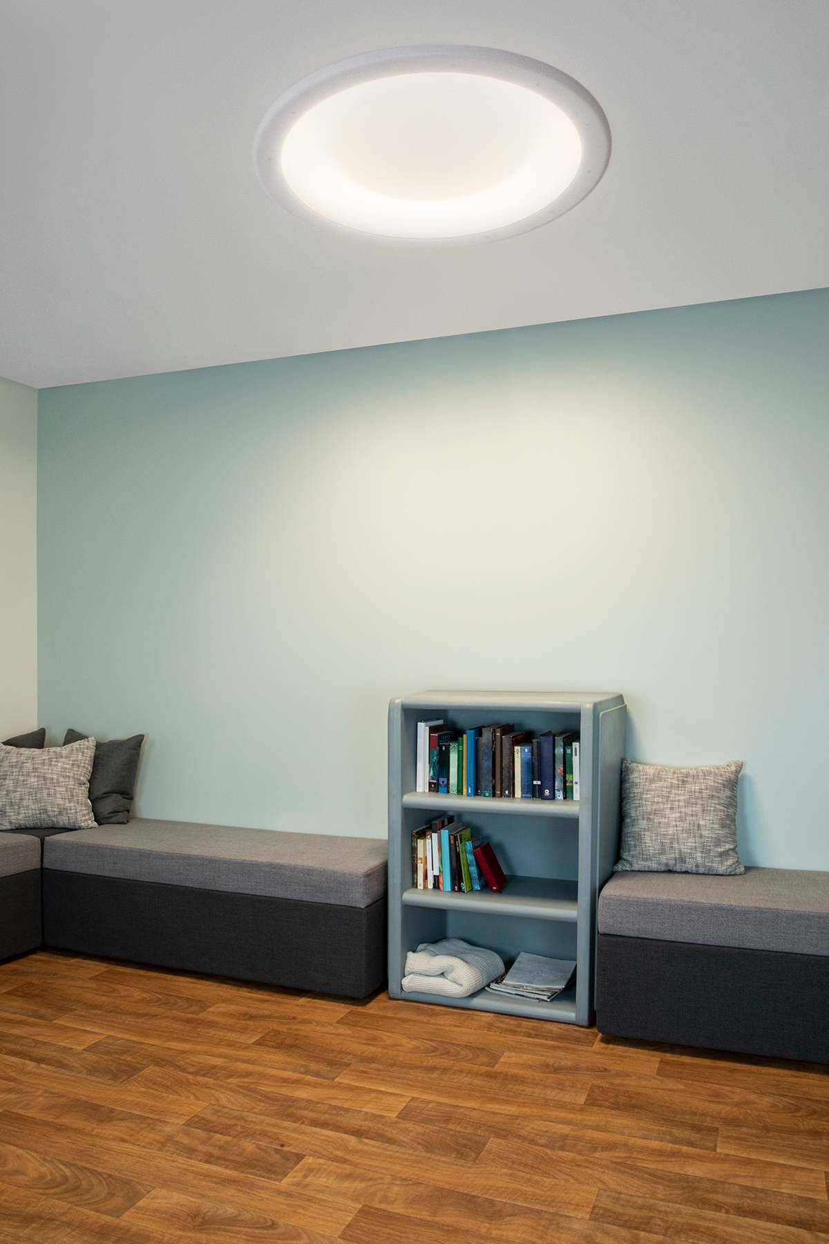 Symmetry ceiling luminaire in a behavioral health lounge area