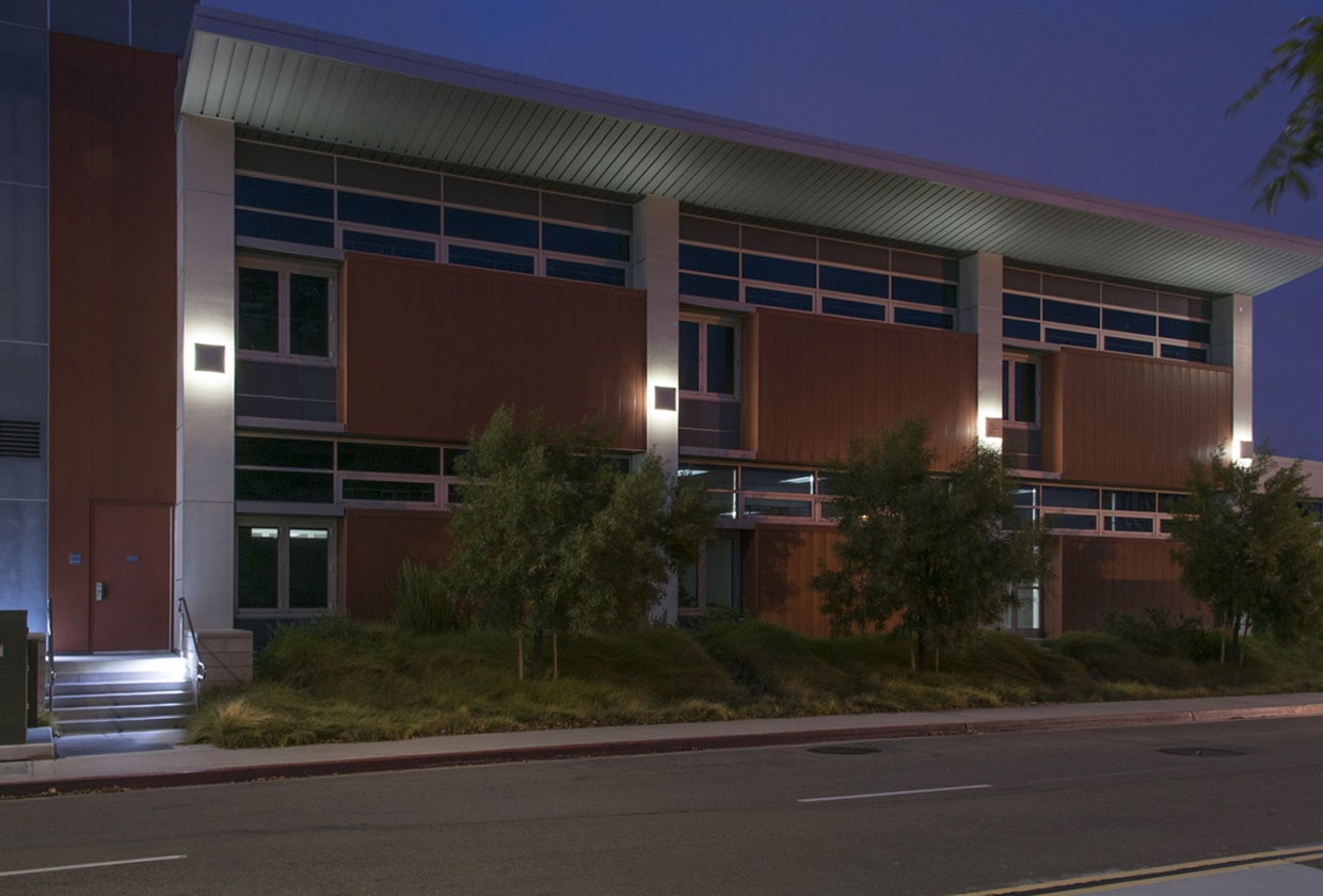 Southridge lights on the outside of a large brick building