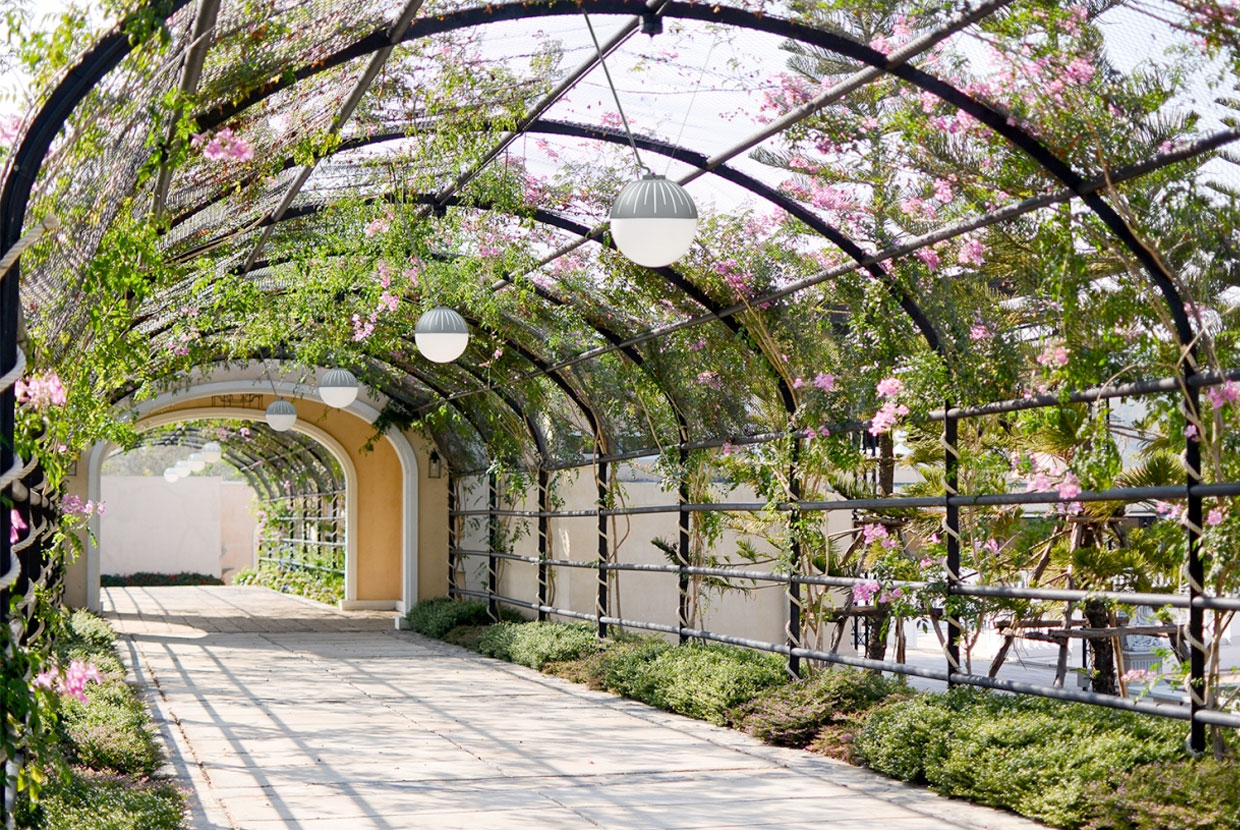 Zume Out outdoor pendant lights with catenary suspension hung under garden arch in daylight